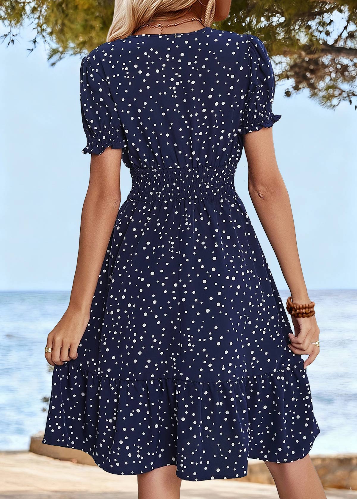 Navy Polka Dot Short Sleeve V Neck Dress | picture 