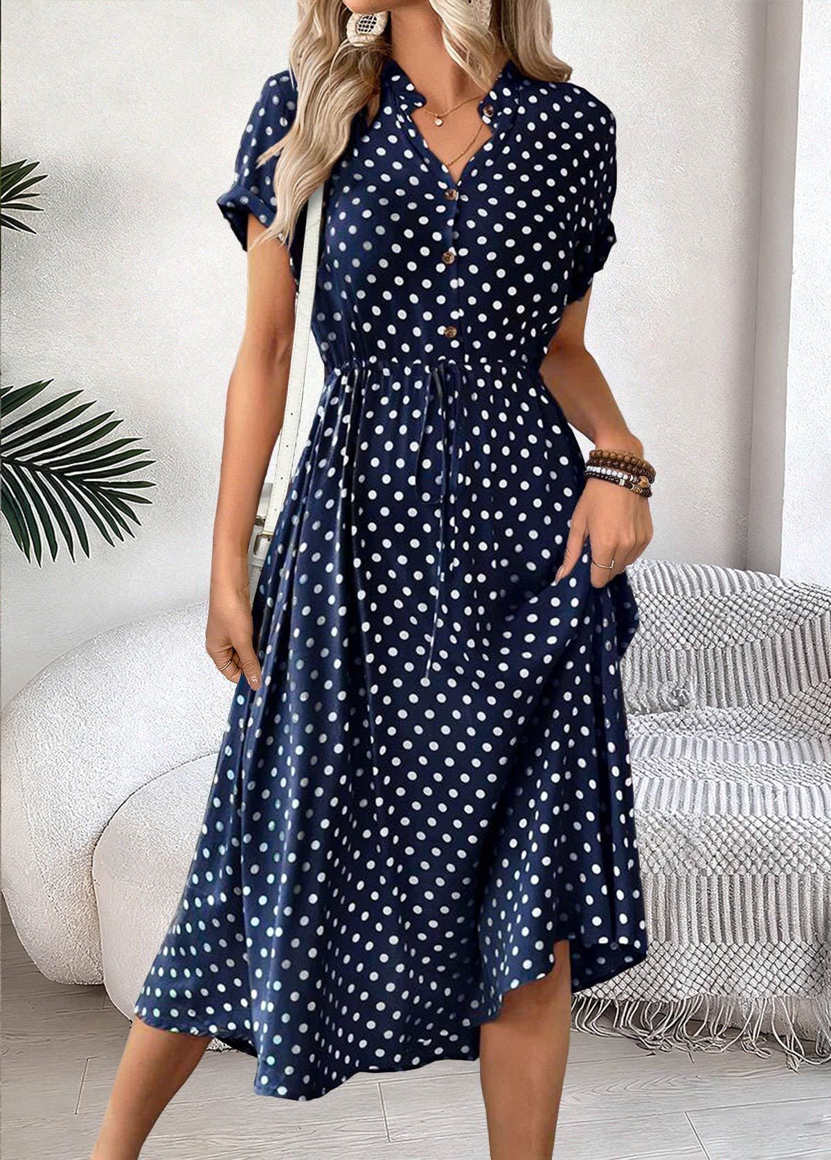 Navy Polka Dot Short Sleeve Split Neck Dress | picture 