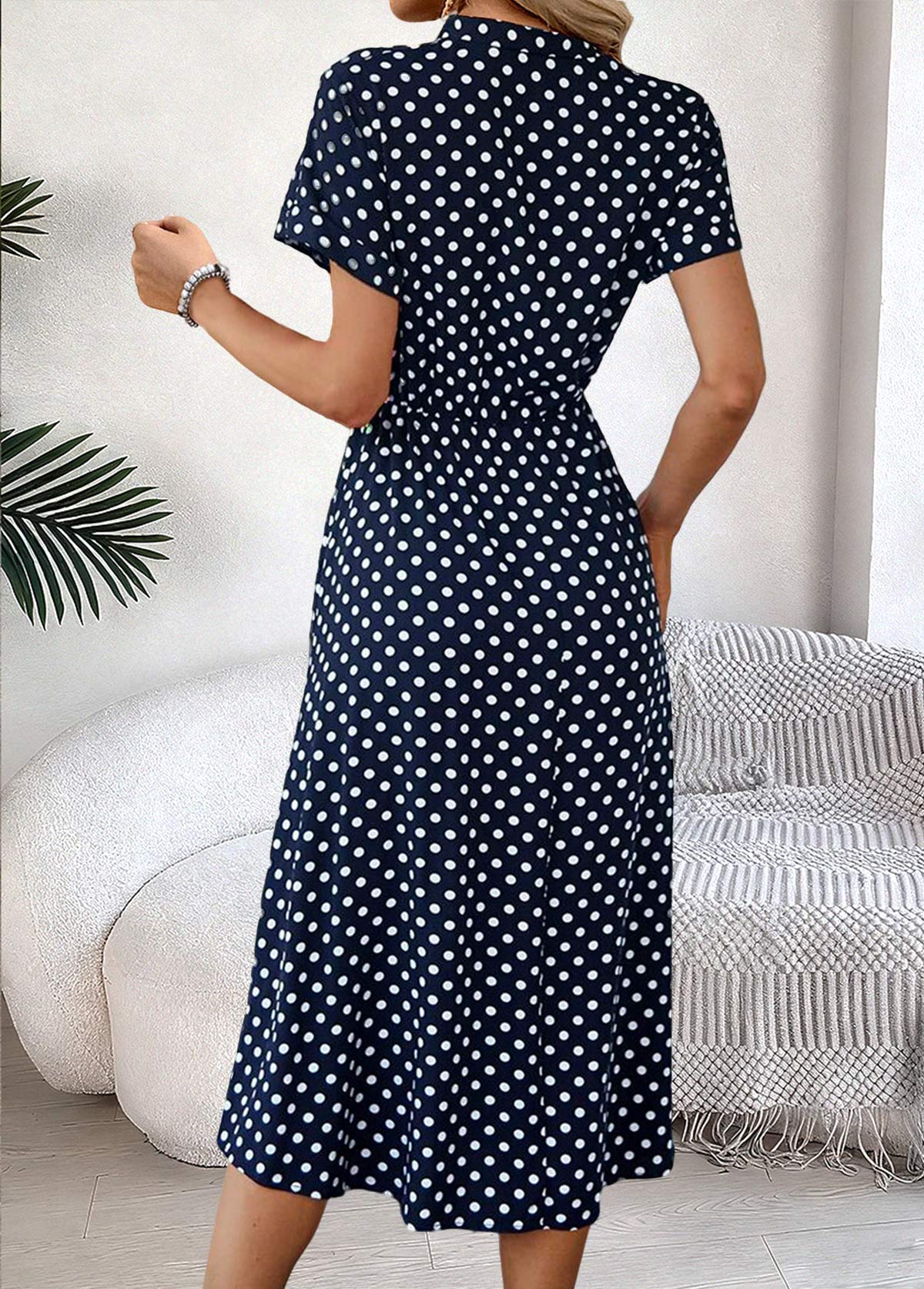 Navy Polka Dot Short Sleeve Split Neck Dress | picture 