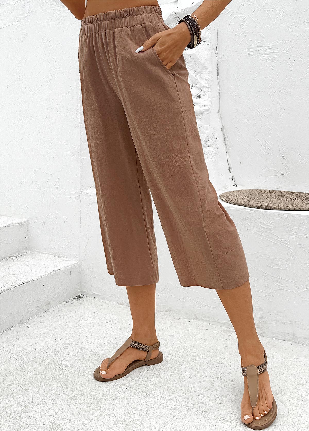 Dark Camel Soft Straight Leg Elastic Waist Pants | picture 