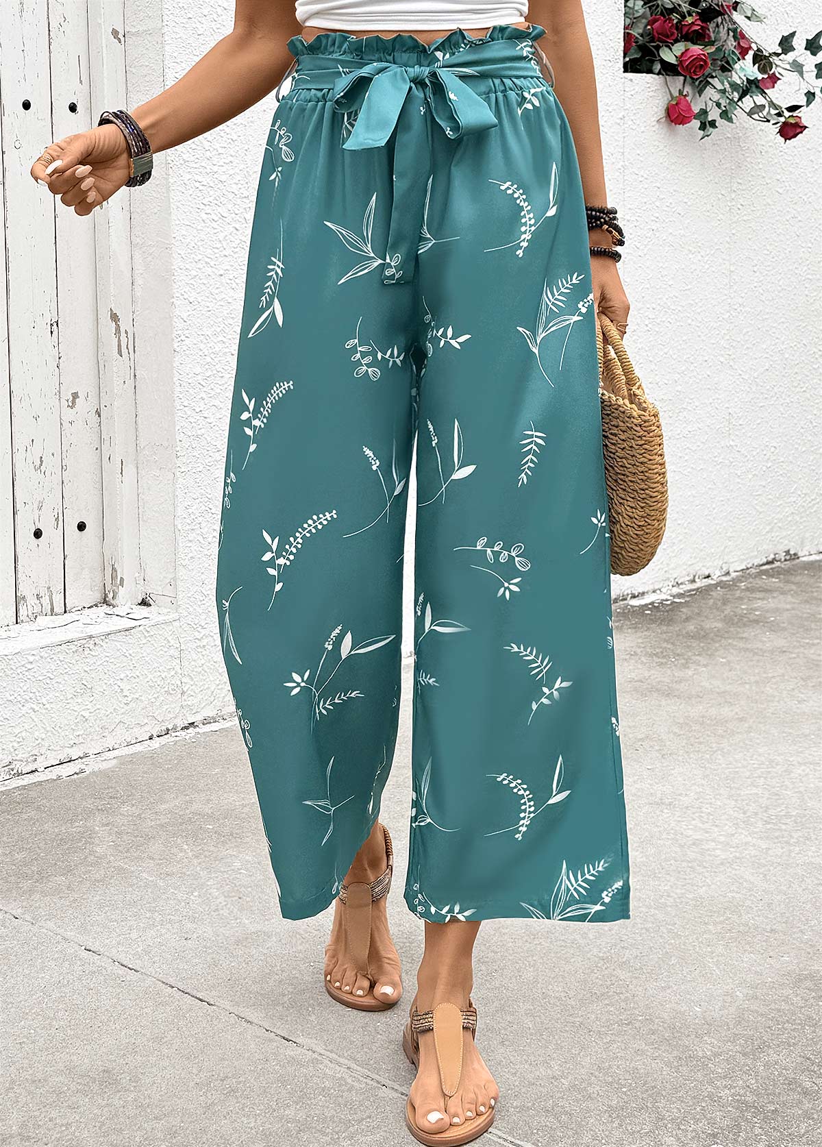 Turquoise Plants Print Wide Leg Elastic Waist Pants | picture 