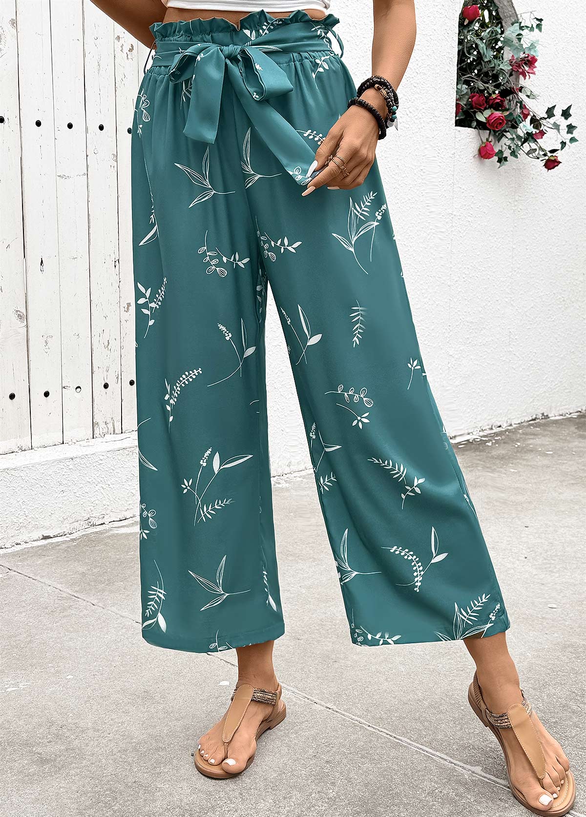 Turquoise Plants Print Wide Leg Elastic Waist Pants | picture 