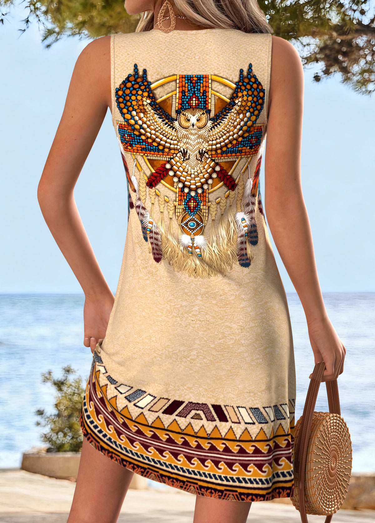 Light Camel Tribal Print Short Sleeveless Scoop Neck Dress | picture 