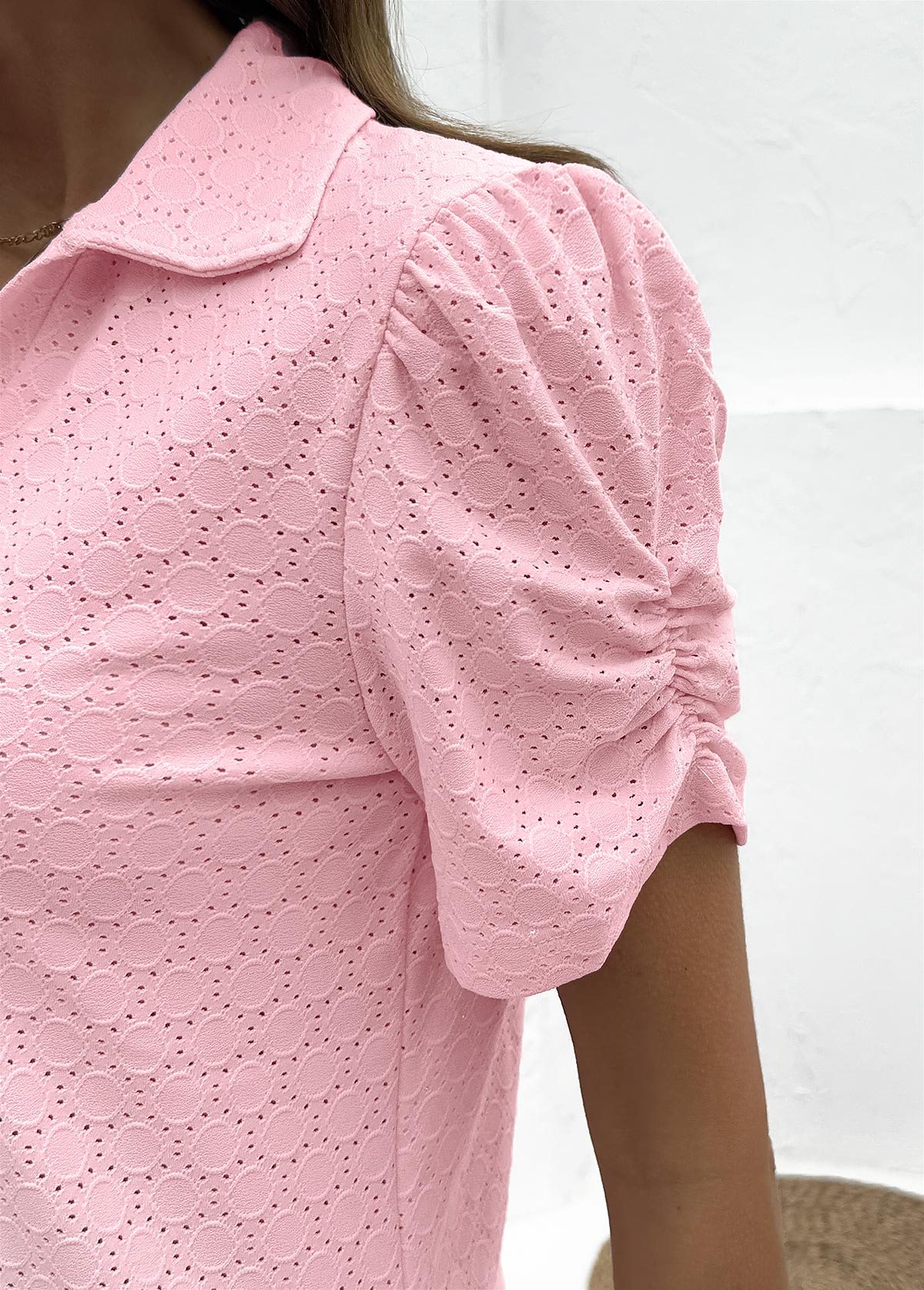 Pink Tummy Coverage Short Sleeve Turn Down Collar Blouse | picture 