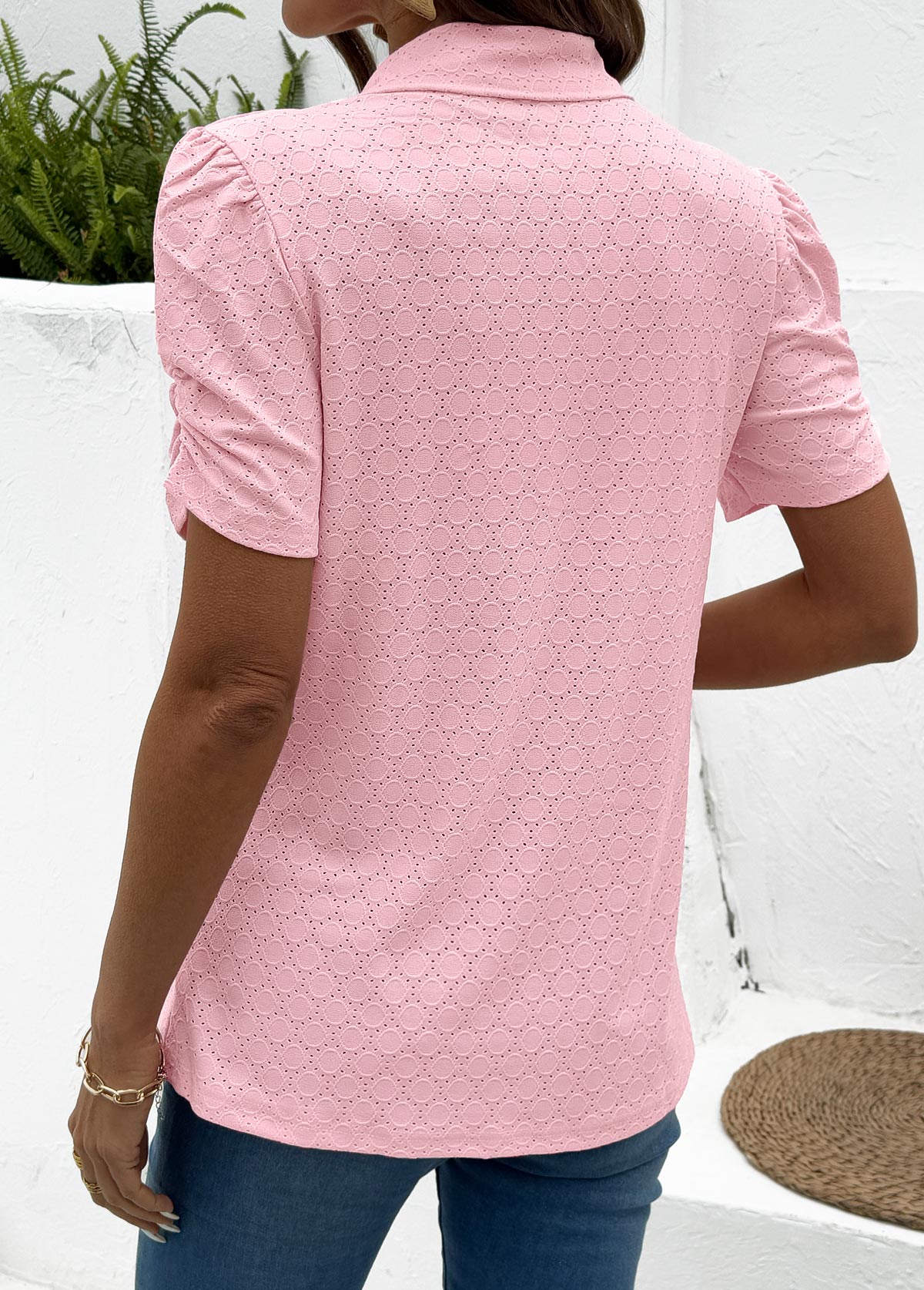 Pink Tummy Coverage Short Sleeve Turn Down Collar Blouse | picture 