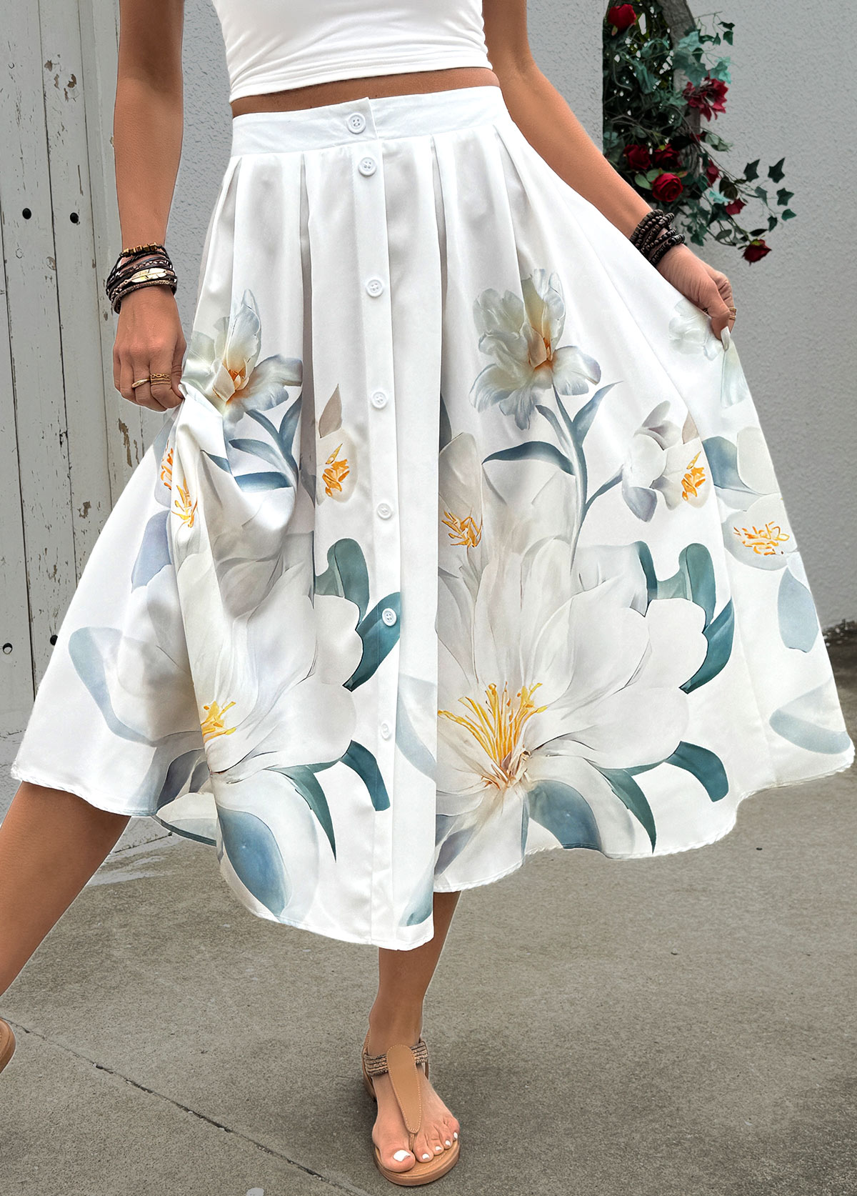 Beige Floral Print A Line Elastic Waist Skirt | picture 