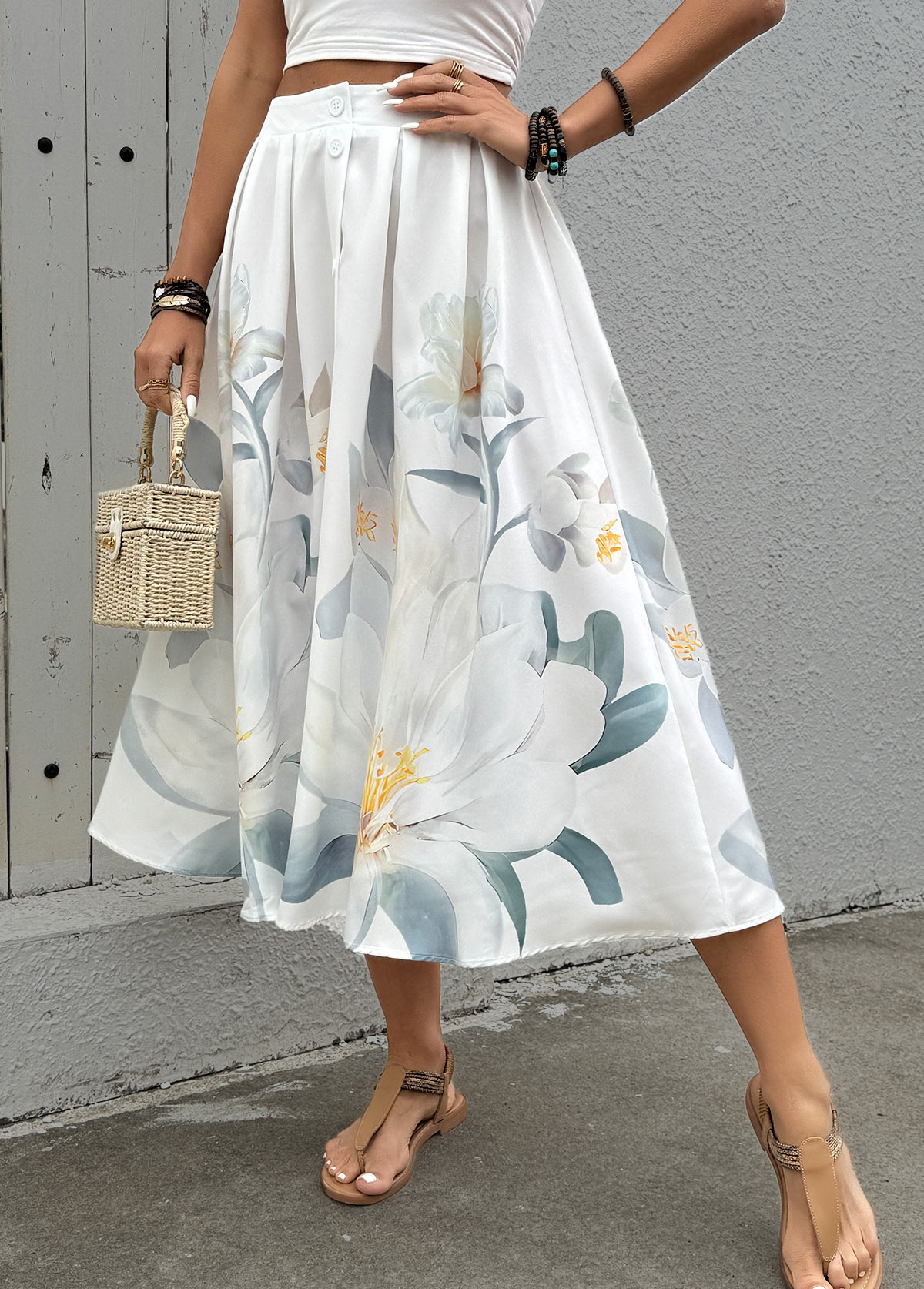 Beige Floral Print A Line Elastic Waist Skirt | picture 