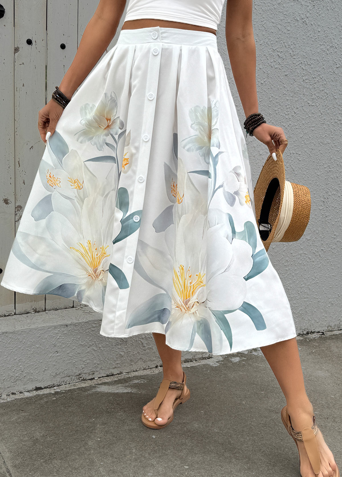 Beige Floral Print A Line Elastic Waist Skirt | picture 