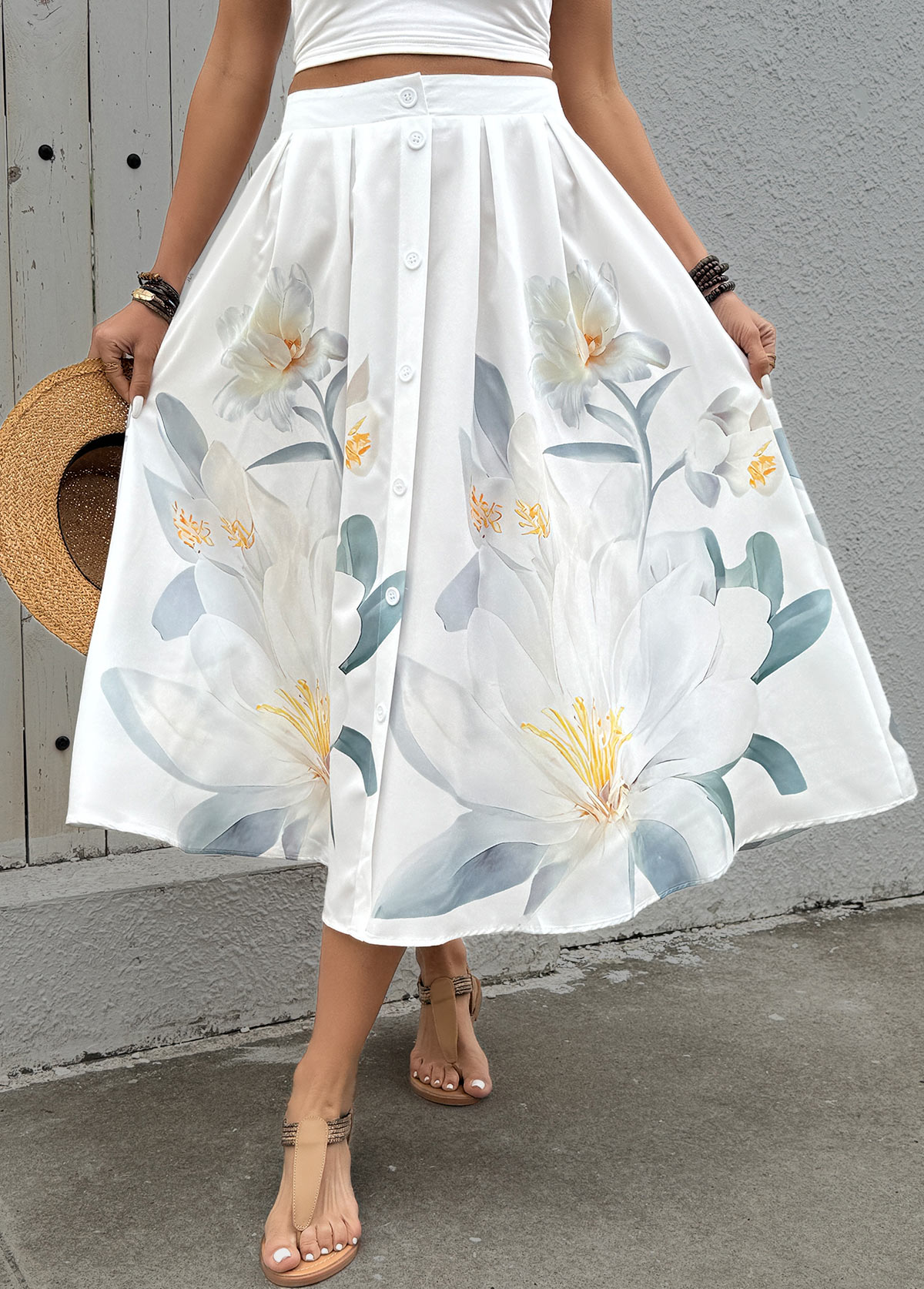 Beige Floral Print A Line Elastic Waist Skirt | picture 