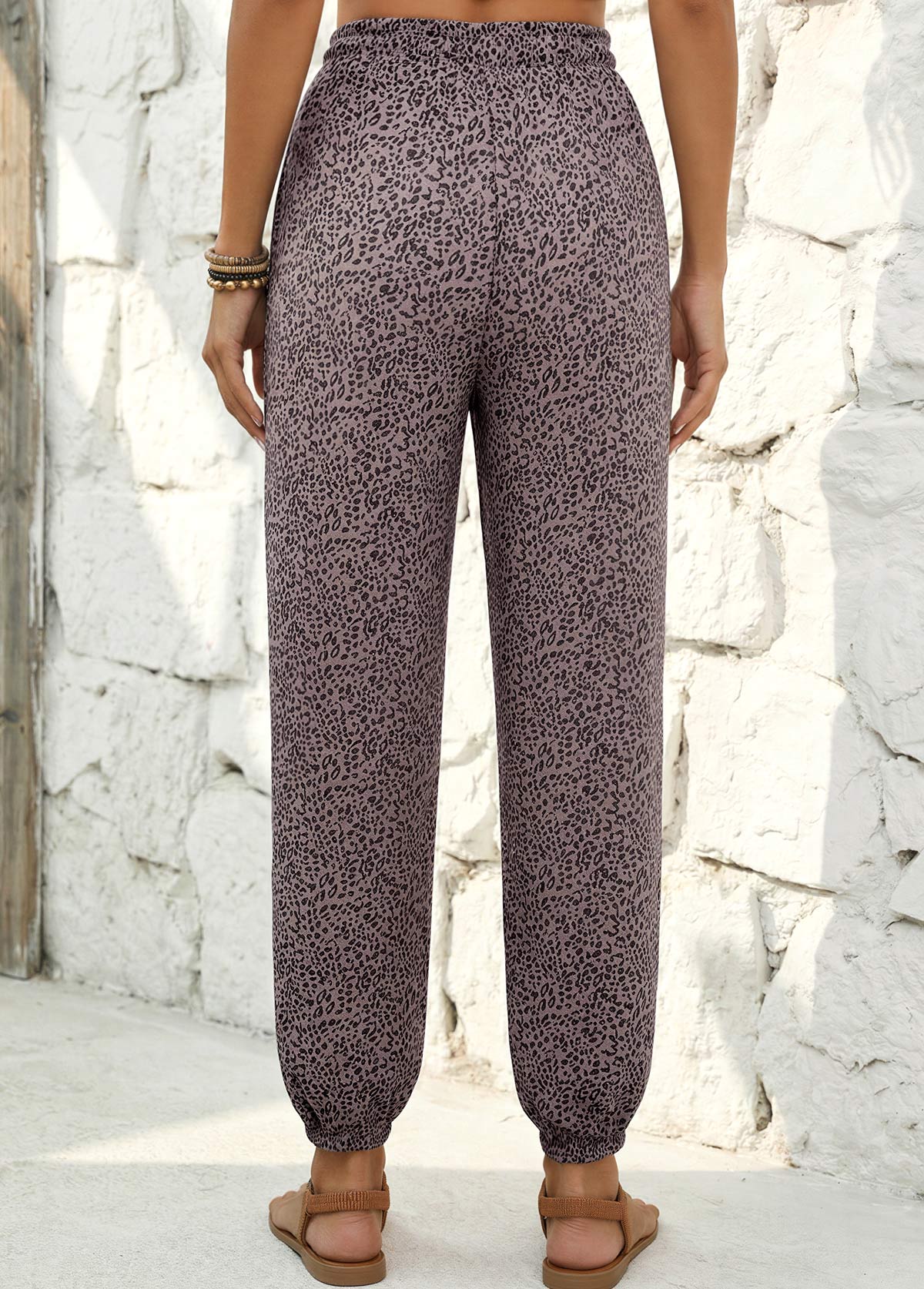 Gray Brown Leopard Jogger Elastic Waist High Waisted Pants | picture 