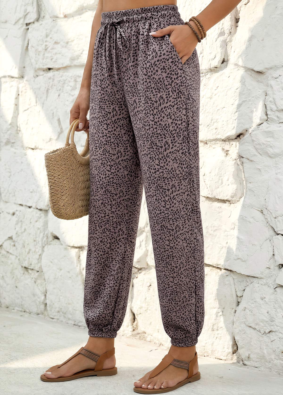 Gray Brown Leopard Jogger Elastic Waist High Waisted Pants | picture 