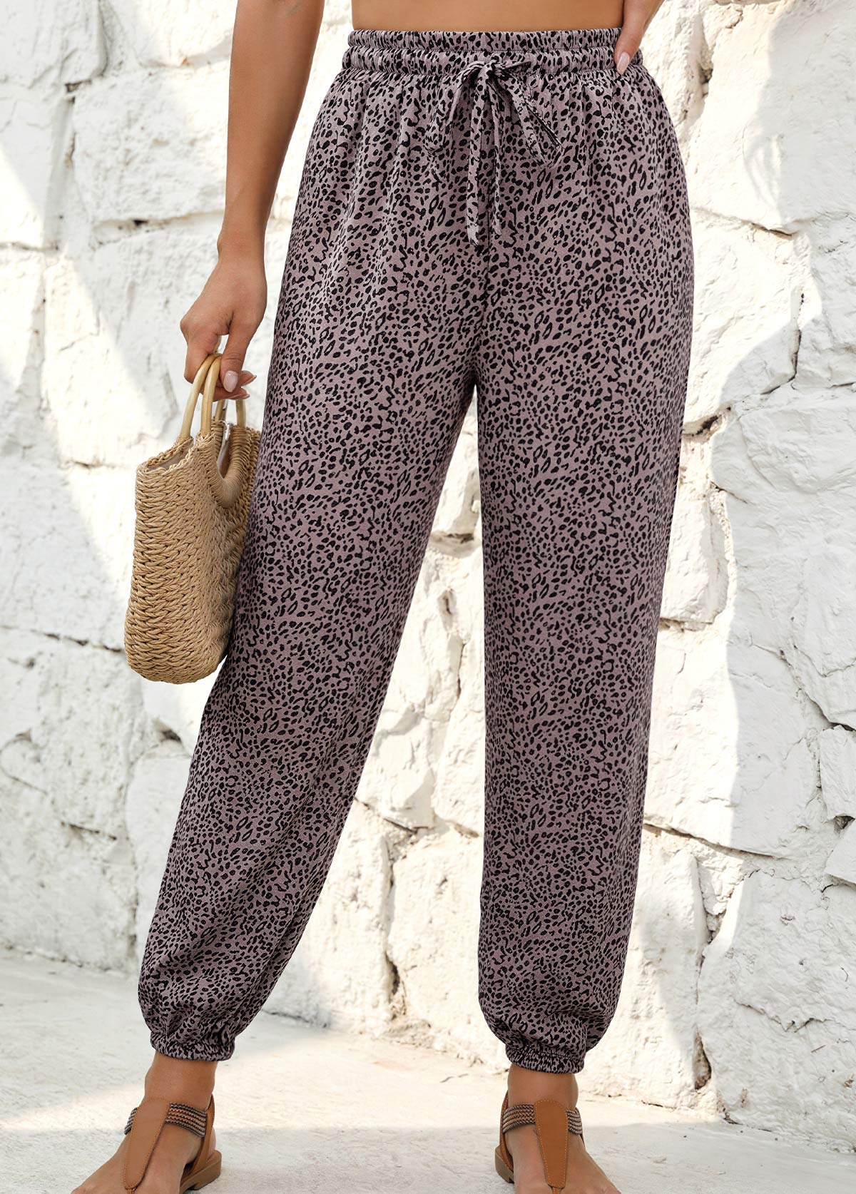 Gray Brown Leopard Jogger Elastic Waist High Waisted Pants | picture 