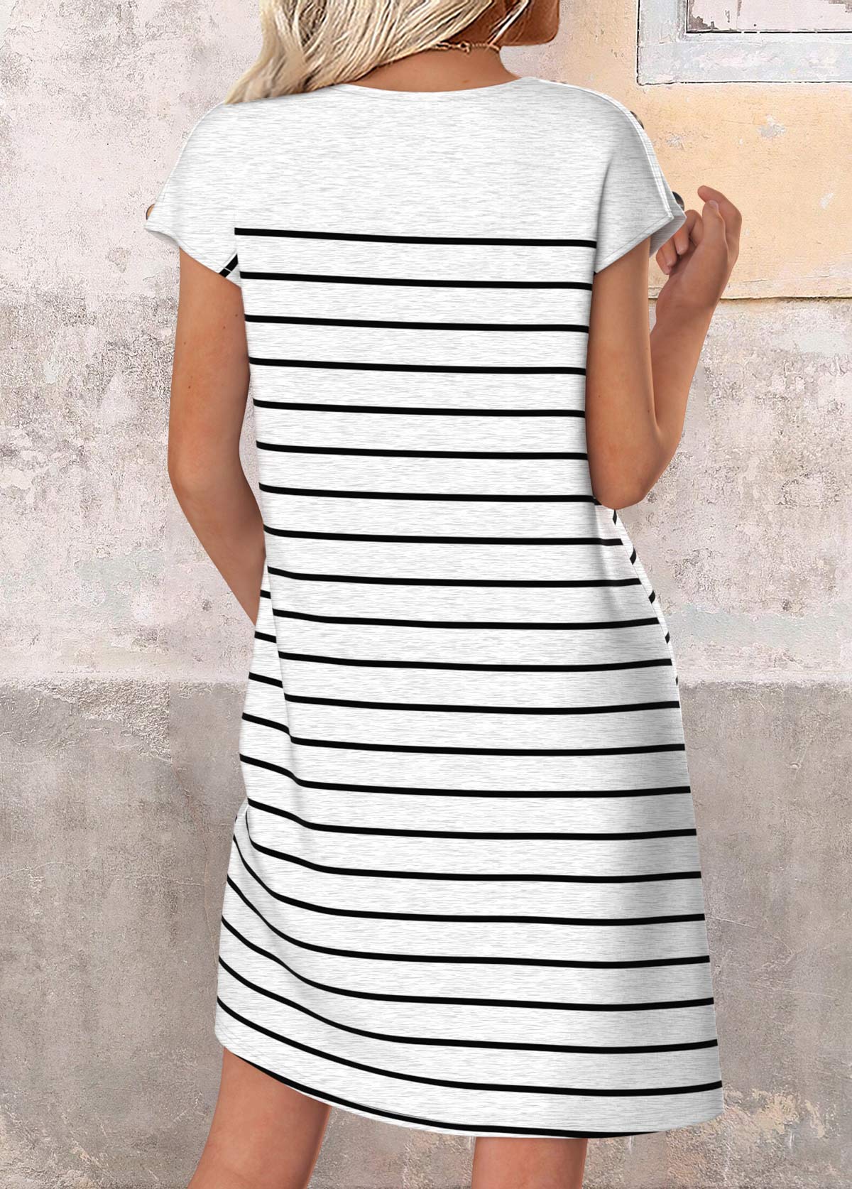 White Striped Short Tummy Coverage Round Neck Dress | picture 