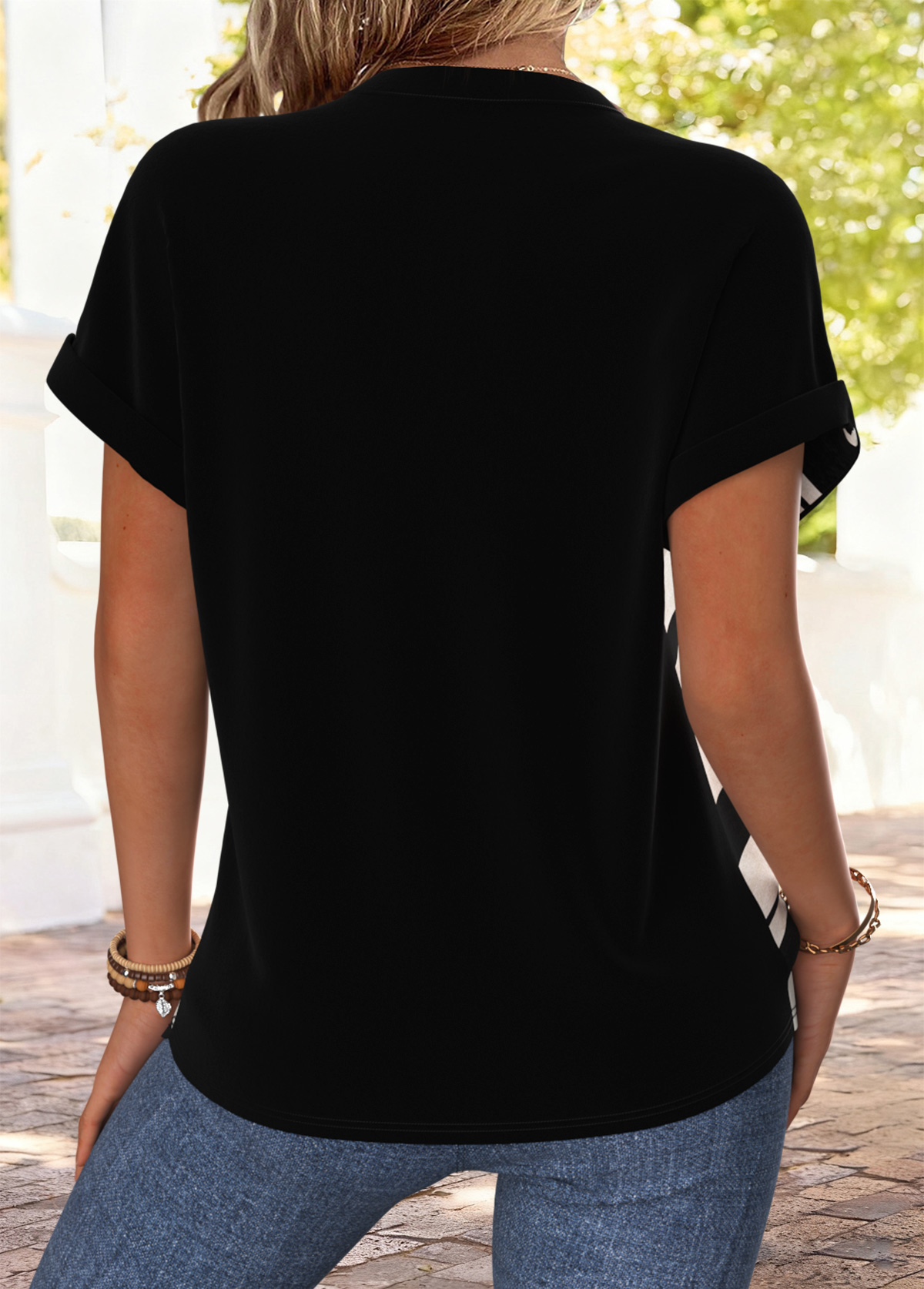 Black Striped Tummy Coverage Short Sleeve Split Neck Blouse | picture 