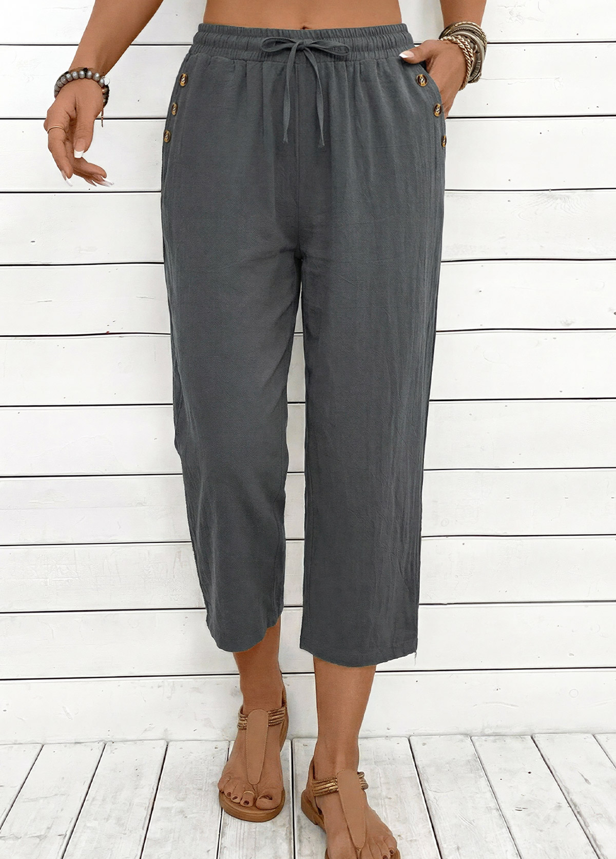 Grey Straight Leg Elastic Waist High Waisted Pants | picture 