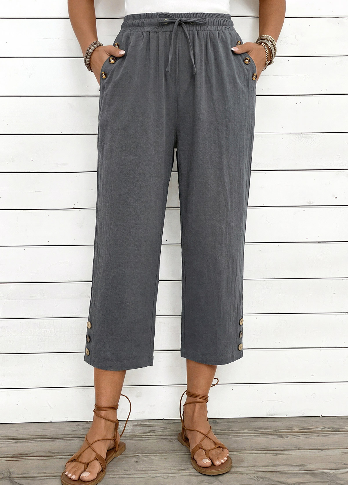 Grey Straight Leg Elastic Waist High Waisted Pants | picture 