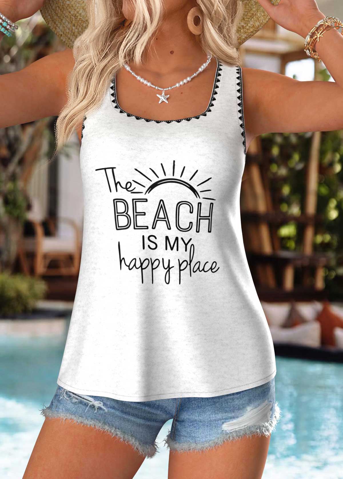 Raw White Letter Print Curved Hem Sleeveless Tank Top | picture 