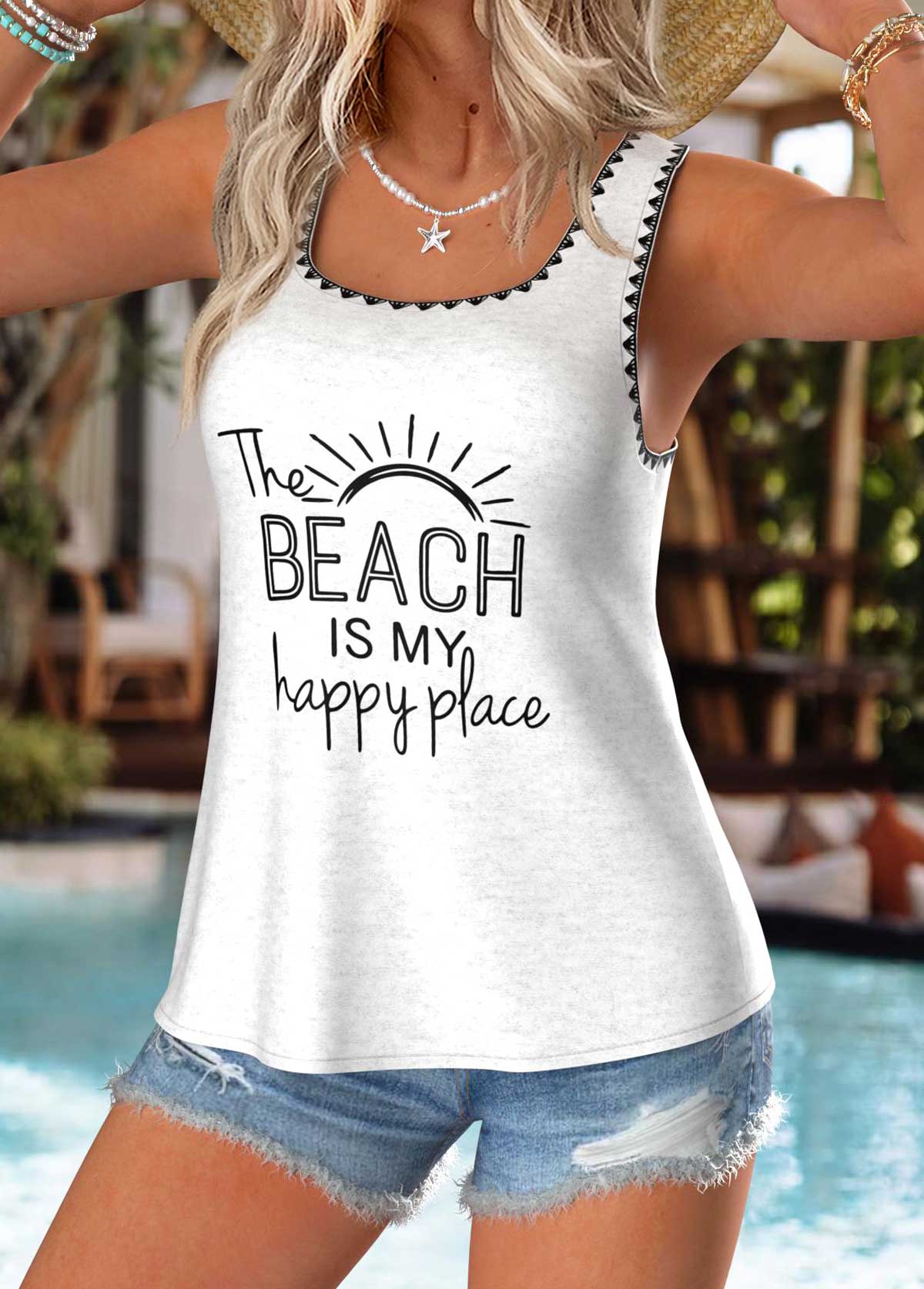 Raw White Letter Print Curved Hem Sleeveless Tank Top | picture 