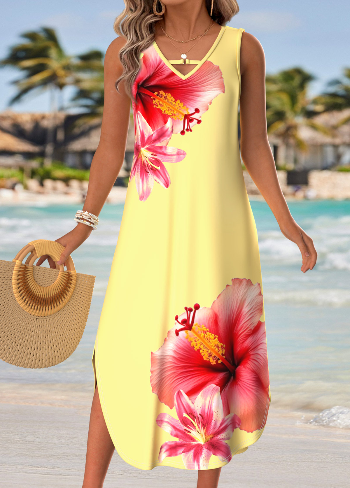 Light Yellow Floral Print Curved Hem Sleeveless Dress | picture 
