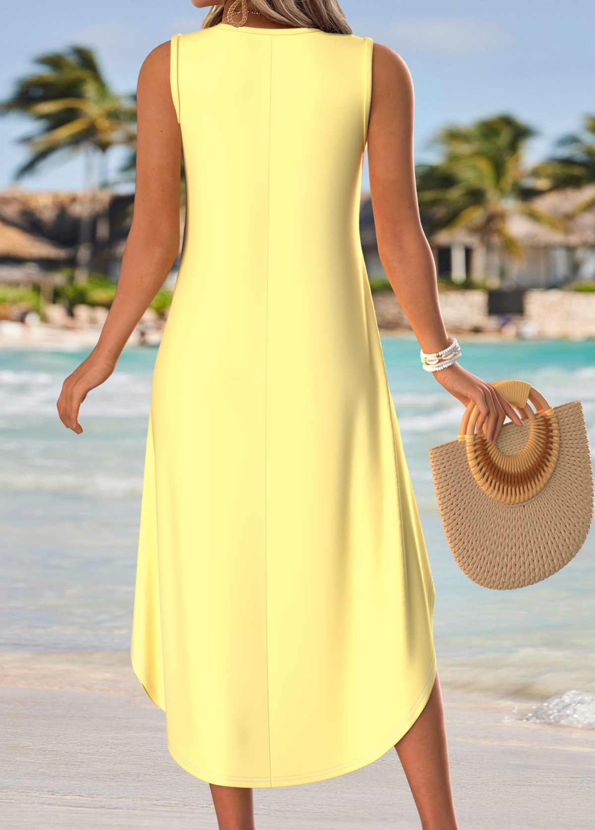 Light Yellow Floral Print Curved Hem Sleeveless Dress | picture 