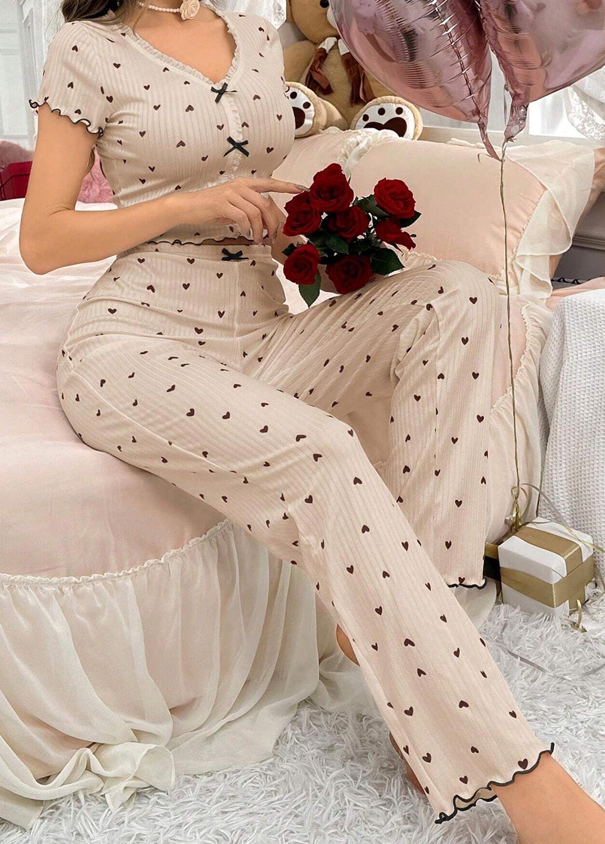 Light Coffee Heart Print Lounge Top and Pants | picture 