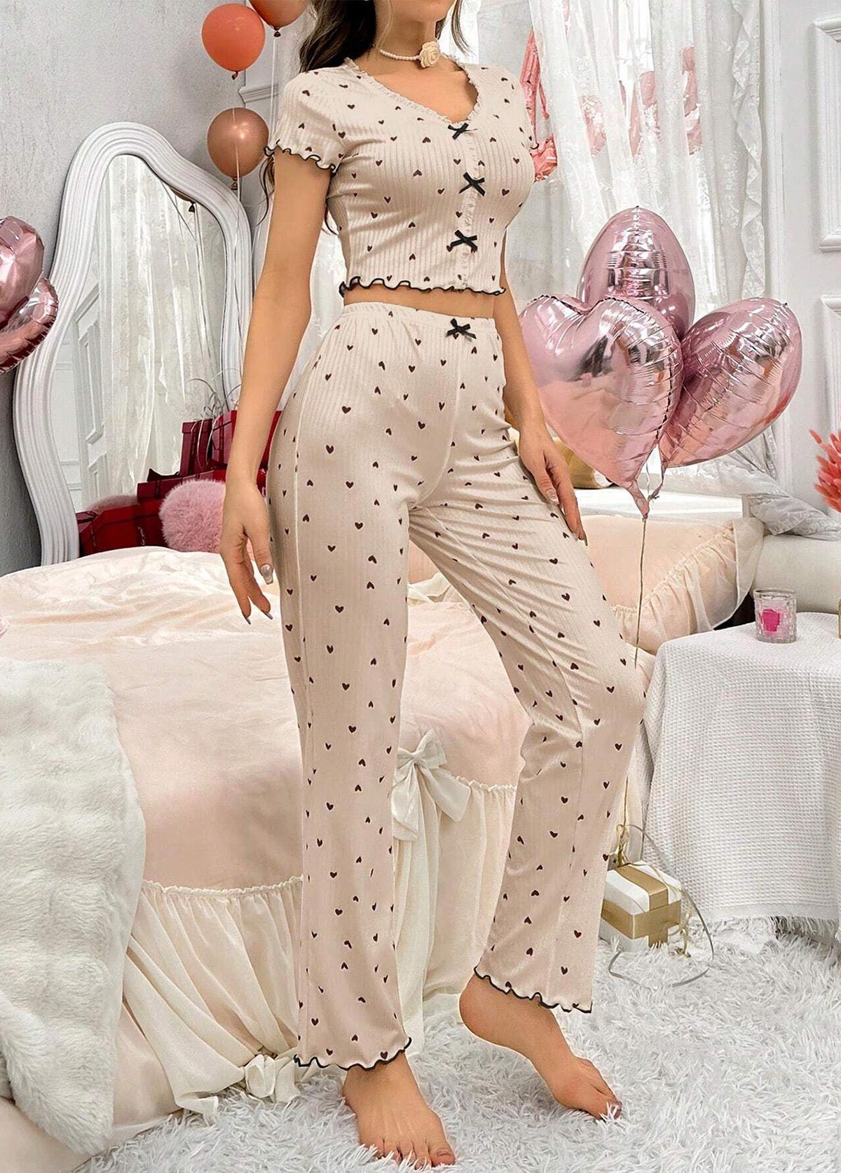 Light Coffee Heart Print Lounge Top and Pants | picture 