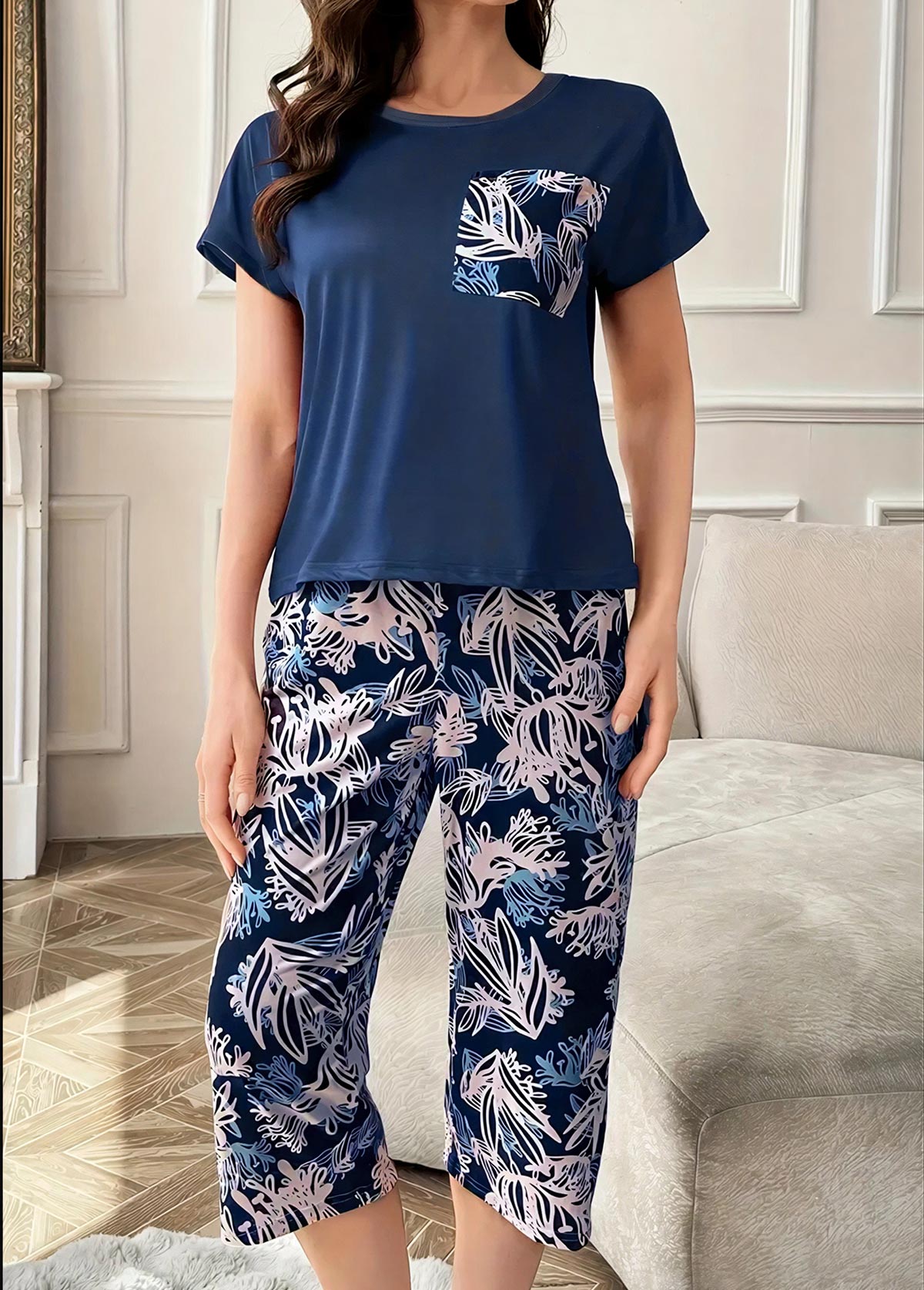 Navy Plants Print Short Sleeve Lounge Top and Pants | picture 