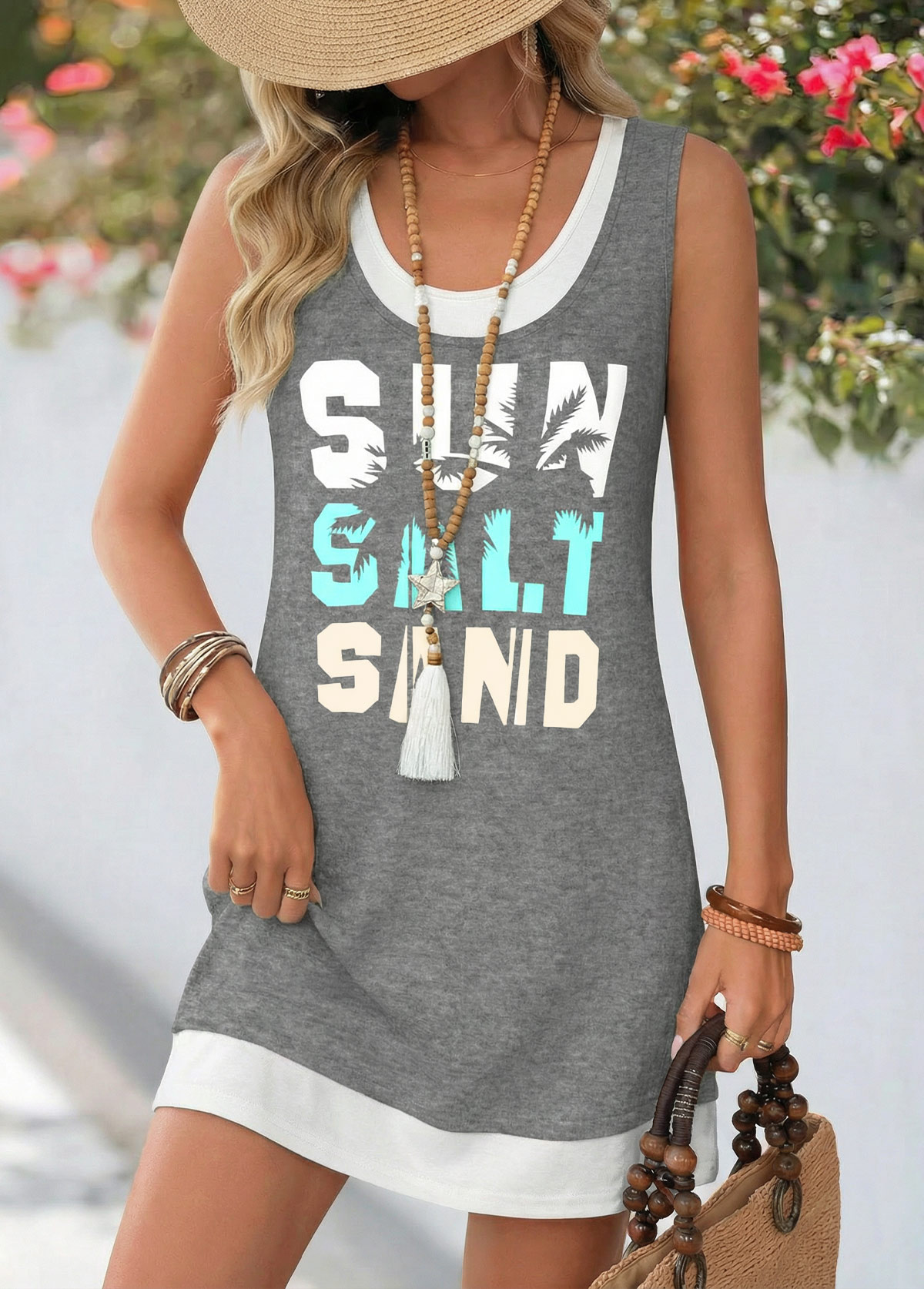 Dark Grey Marl Letter Print Patchwork Sleeveless Dress | picture 