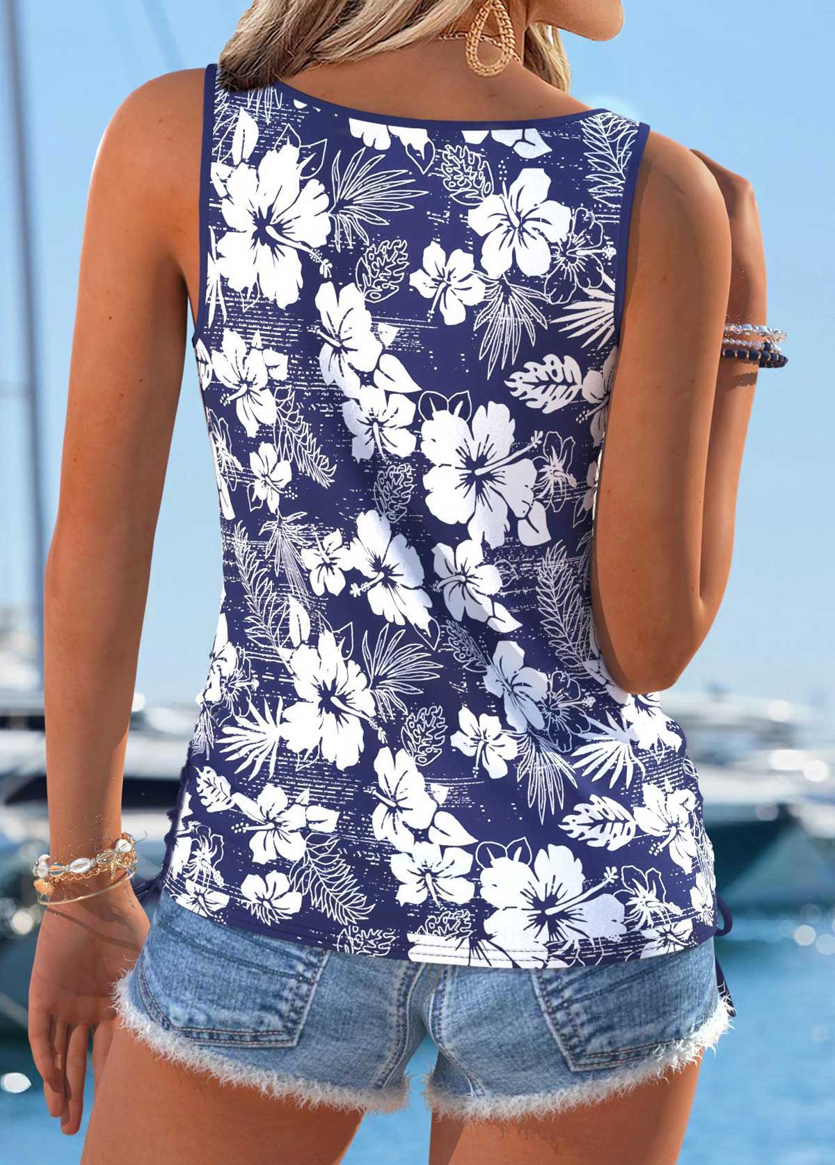 Navy Tummy Coverage Floral Print Sleeveless Tank Top | picture 