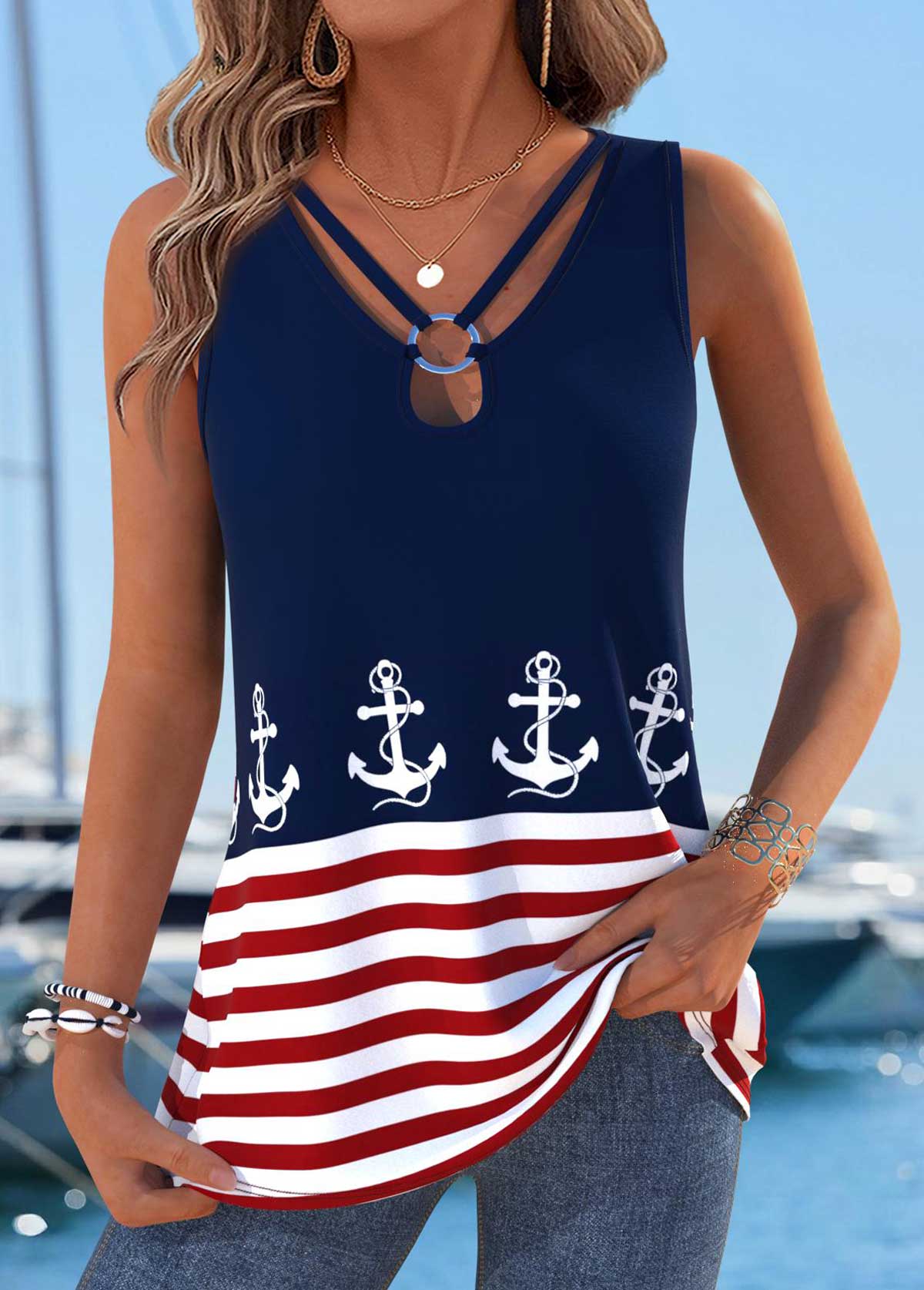 Navy Geometric Print Lace Up Sleeveless Tank Top | picture 