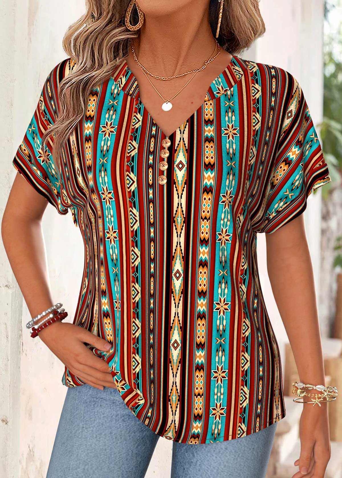Multi Color Tribal Print Split Short Sleeve T Shirt | picture 
