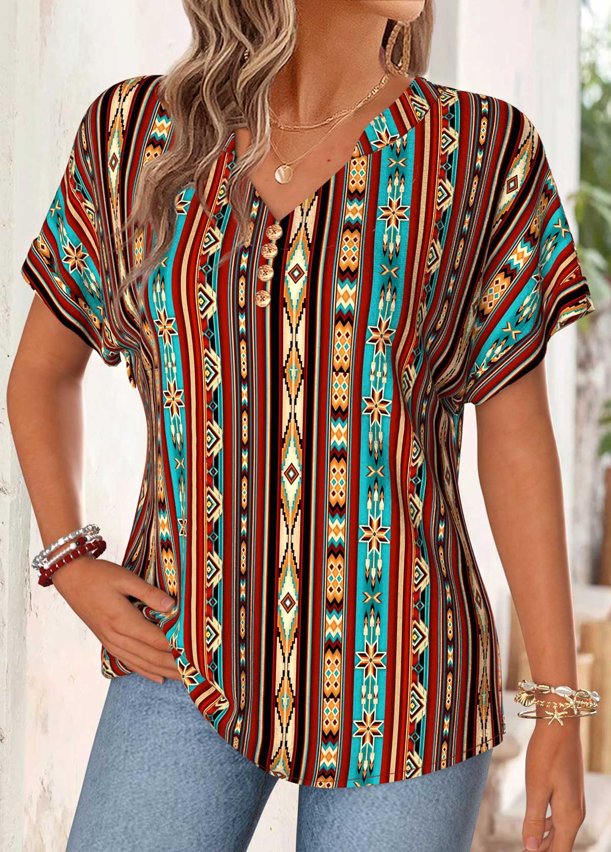 Multi Color Tribal Print Split Short Sleeve T Shirt | picture 