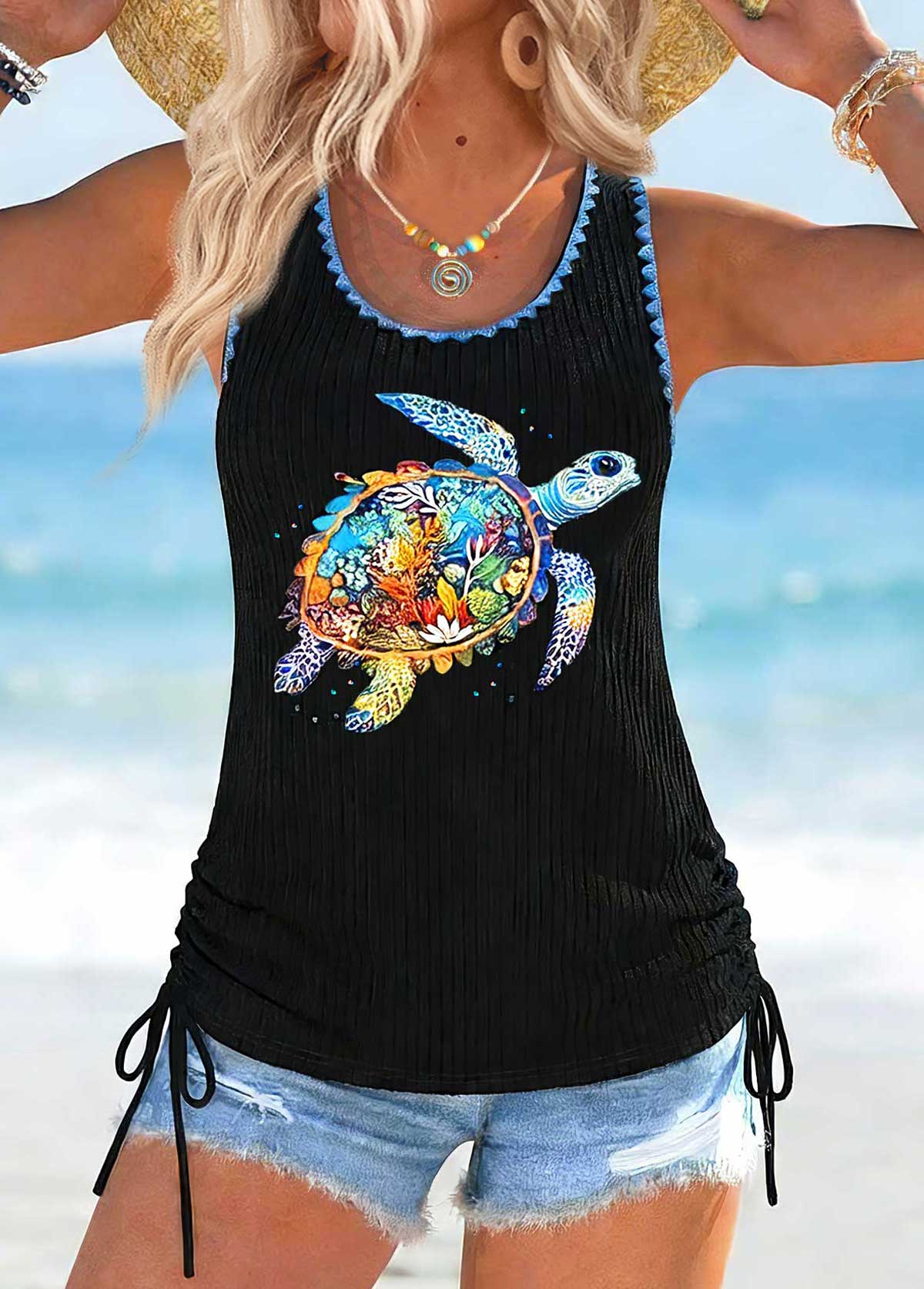 Black Marine Life Print Tummy Coverage Sleeveless Tank Top | picture 