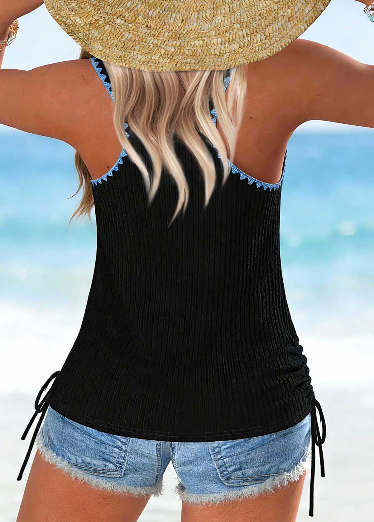 Black Marine Life Print Tummy Coverage Sleeveless Tank Top | picture 