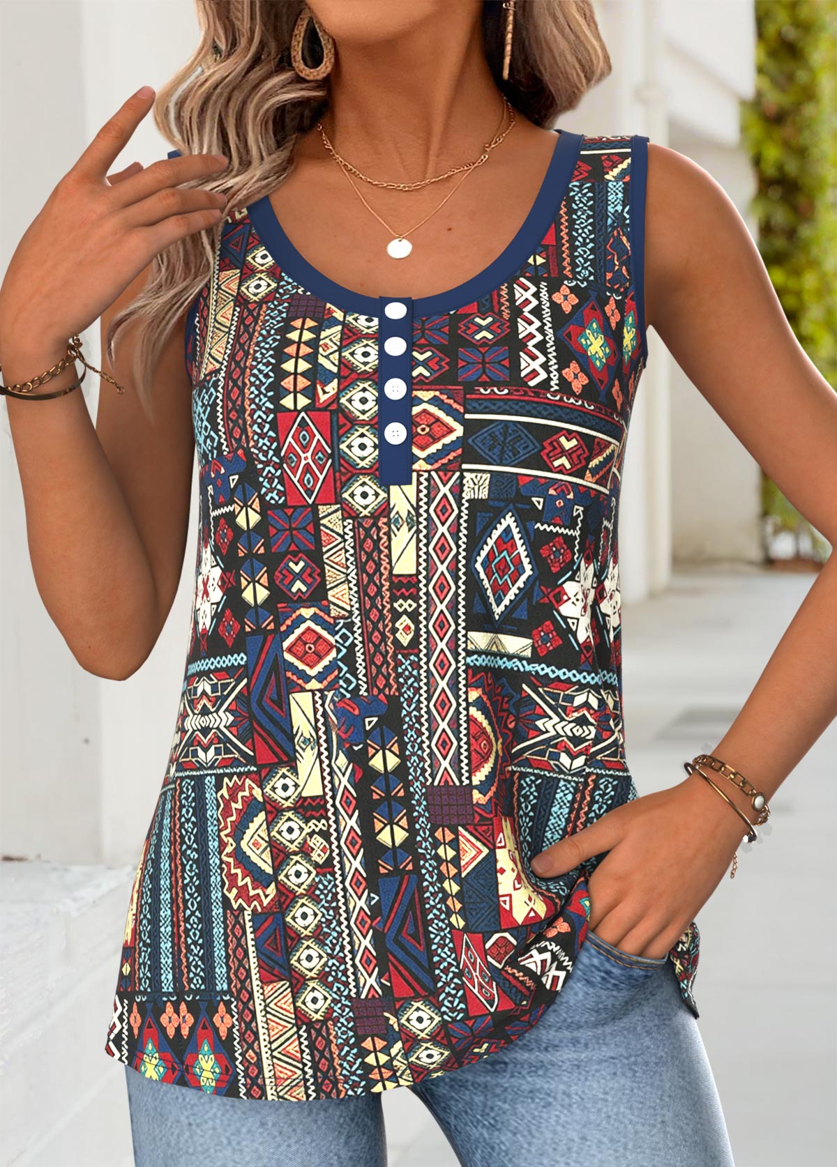 Multi Color Tribal Print Button Sleeveless Tank Top | picture 