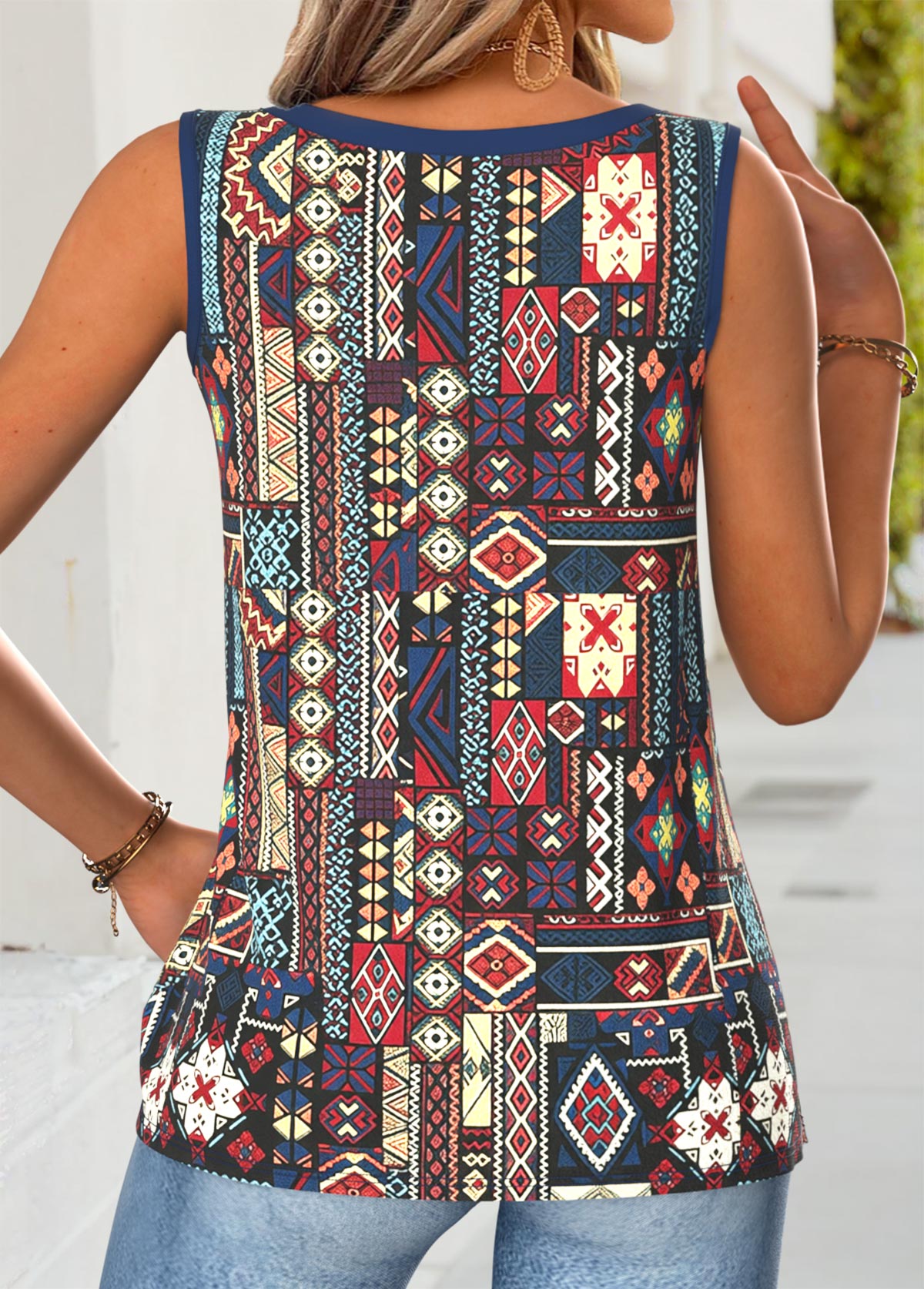 Multi Color Tribal Print Button Sleeveless Tank Top | picture 