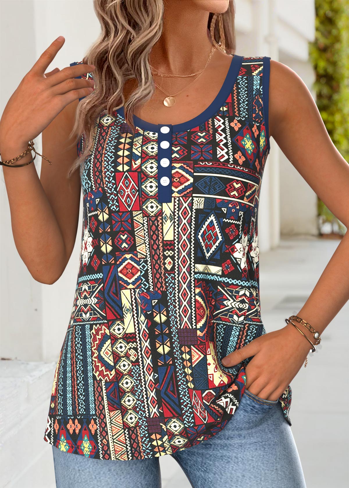 Multi Color Tribal Print Button Sleeveless Tank Top | picture 