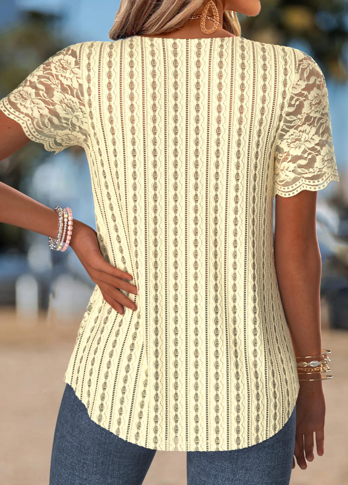 Light Yellow Asymmetry Short Sleeve Round Neck T Shirt | picture 