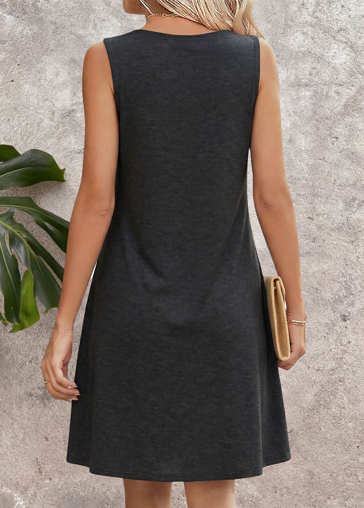 Dark Grey Marl Tropical Plants Print Short Sleeveless Dress | picture 