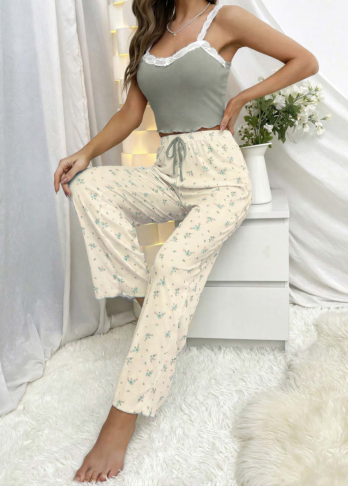 Sage Green Ditsy Floral Print Lounge Top and Pants | picture 