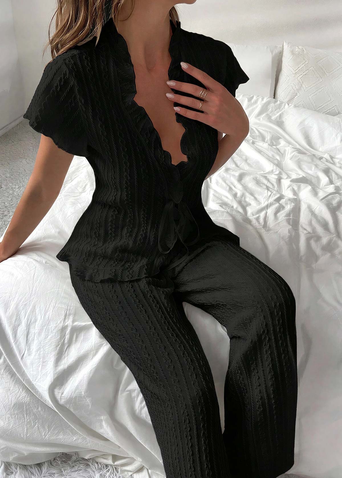 Black Short Sleeve Lounge Top and Pants | picture 