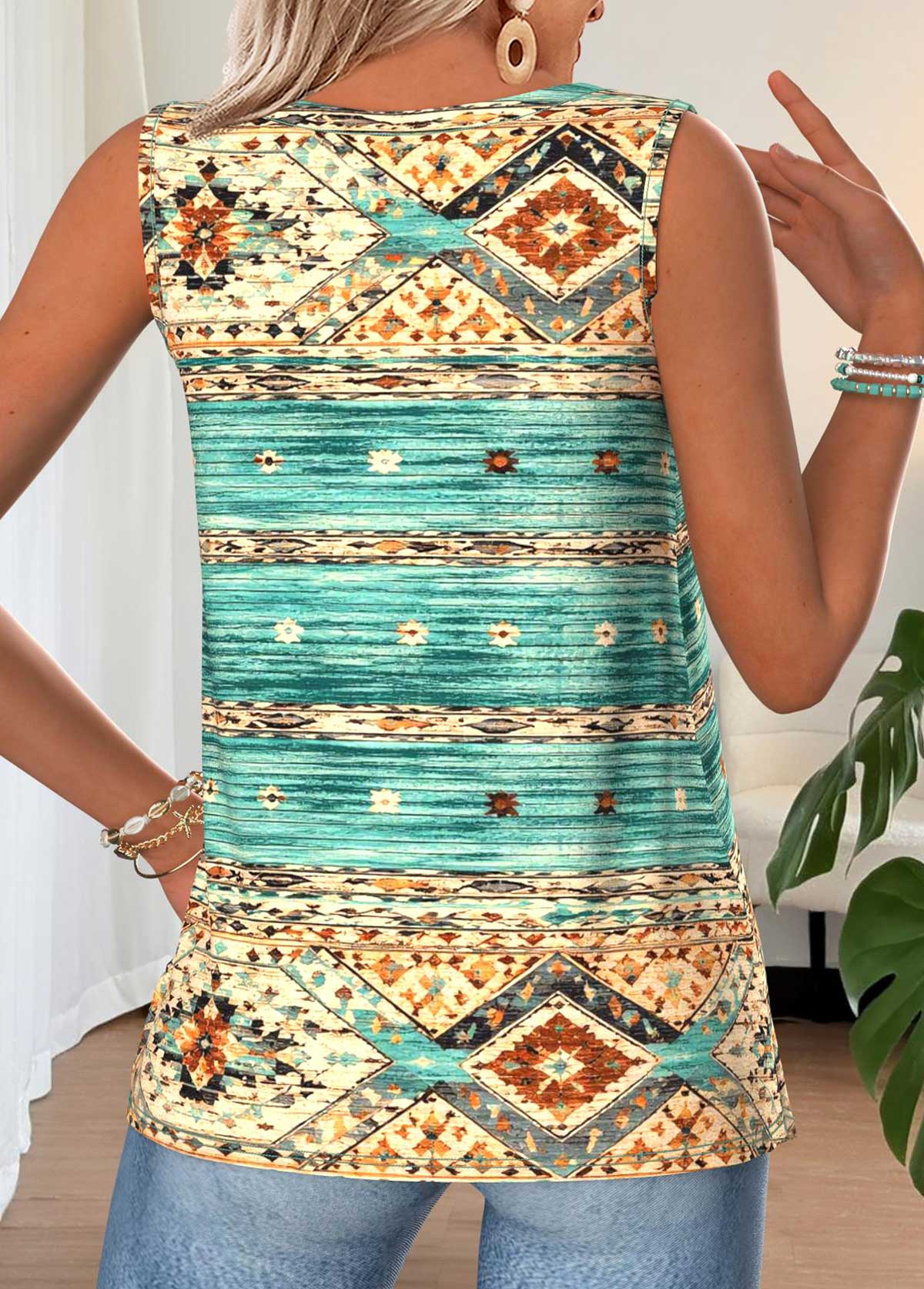 Mint Green Tribal Print Tummy Coverage Sleeveless Tank Top | picture 