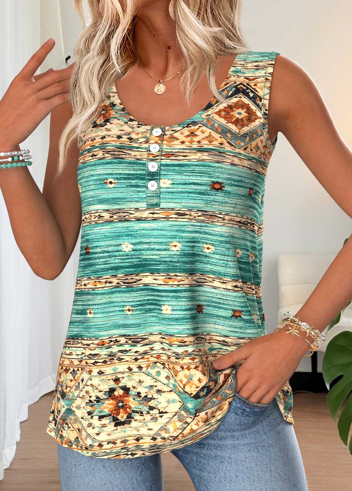 Mint Green Tribal Print Tummy Coverage Sleeveless Tank Top | picture 