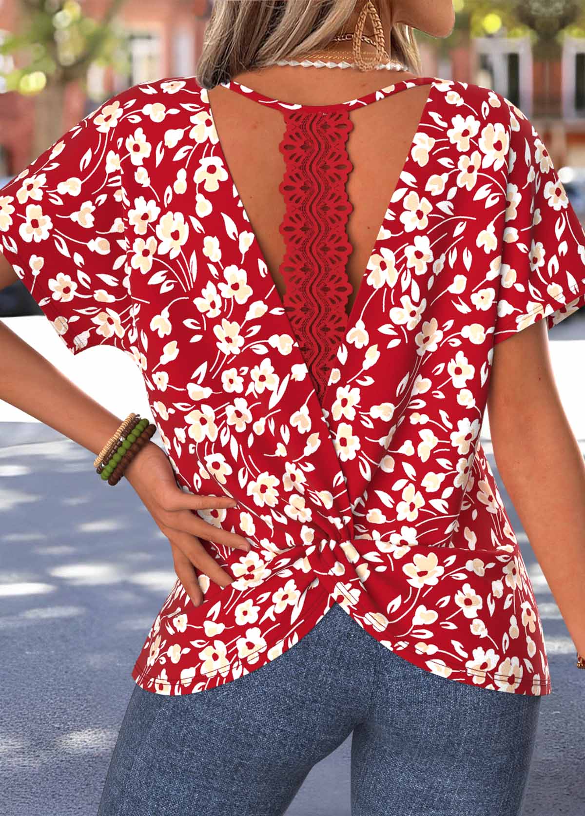 Red Floral Print Twist Short Sleeve T Shirt | picture 