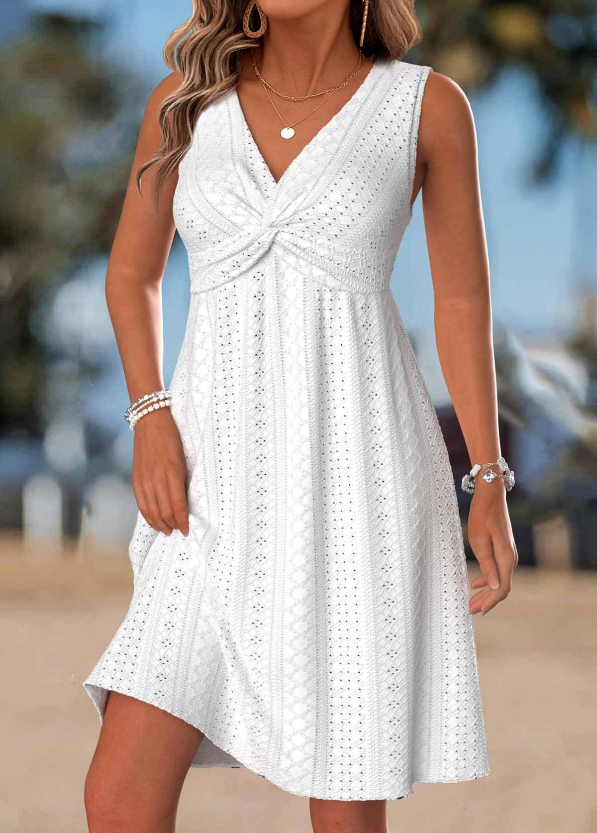 White Short Tummy Coverage Sleeveless V Neck Dress | picture 