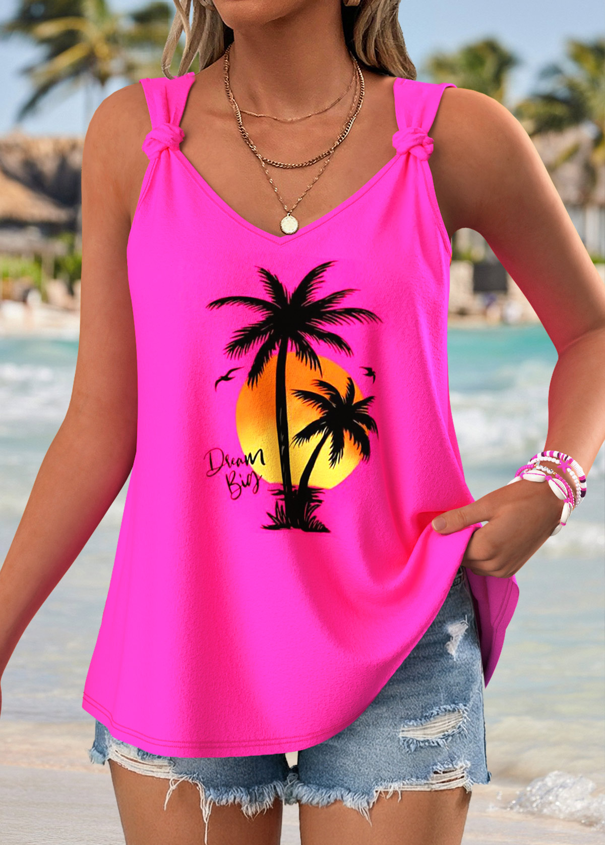 Hot Pink Tropical Plants Print Tie Strappy Tank Top | picture 