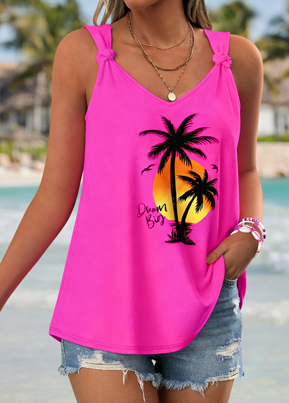 Hot Pink Tropical Plants Print Tie Strappy Tank Top | picture 