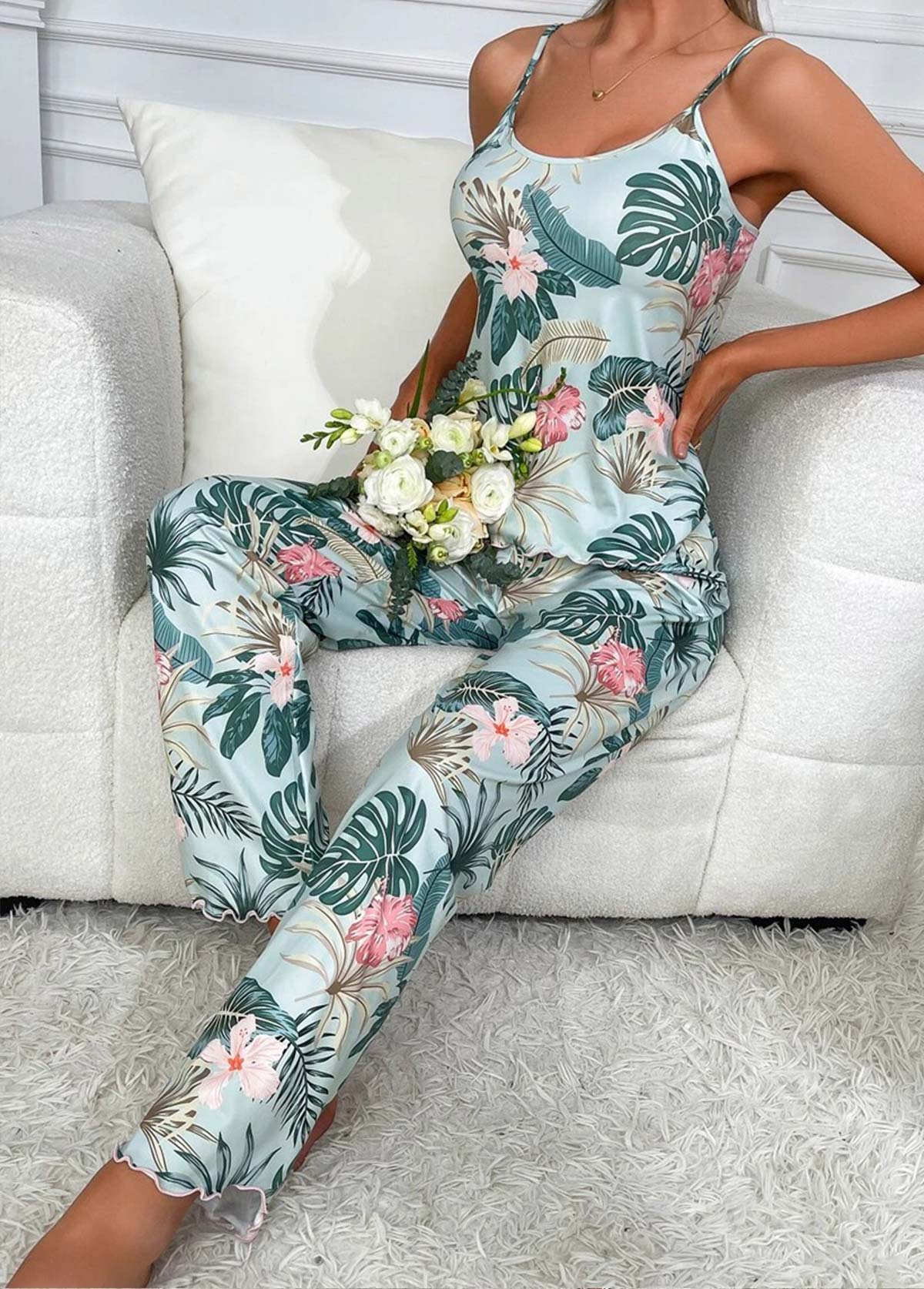 Turquoise Tropical Plants Print Strappy Lounge Top and Pants | picture 