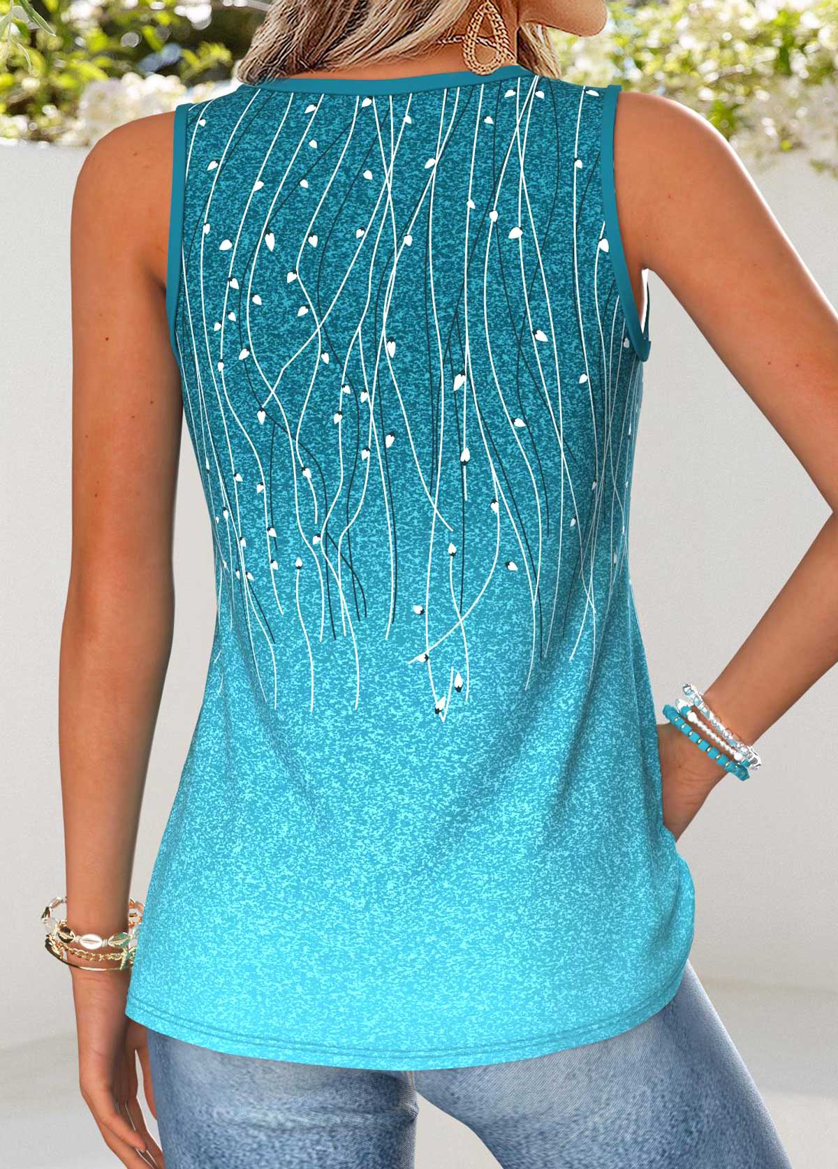 Turquoise Ombre Patchwork Sleeveless V Neck Tank Top | picture 