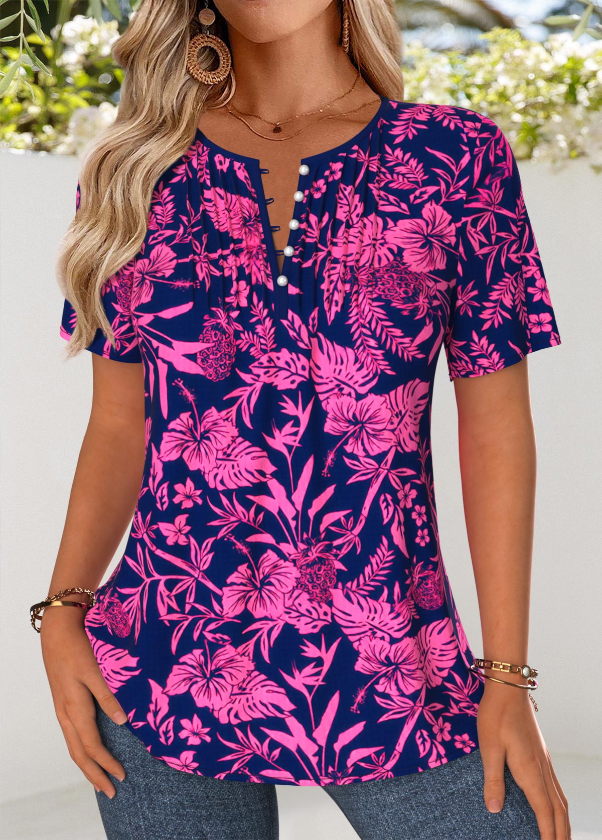 Hot Pink Floral Print Tuck Stitch Short Sleeve Blouse | picture 